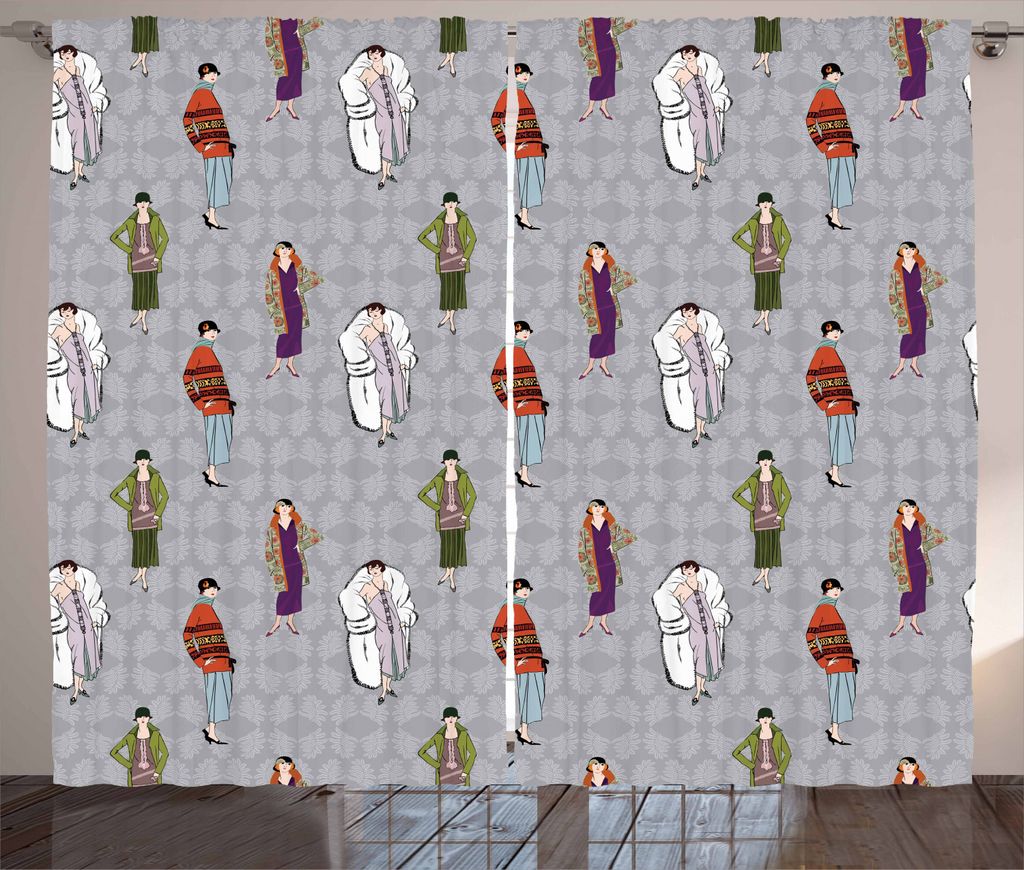 ABAKUHAUS Retro Rustikaler Gardine, Flapper Mädchen 20er Mode, Schlafzimmer Kräuselband Vorhang mit Schlaufen und Haken, 280 x 225 cm, Mehrfarbig