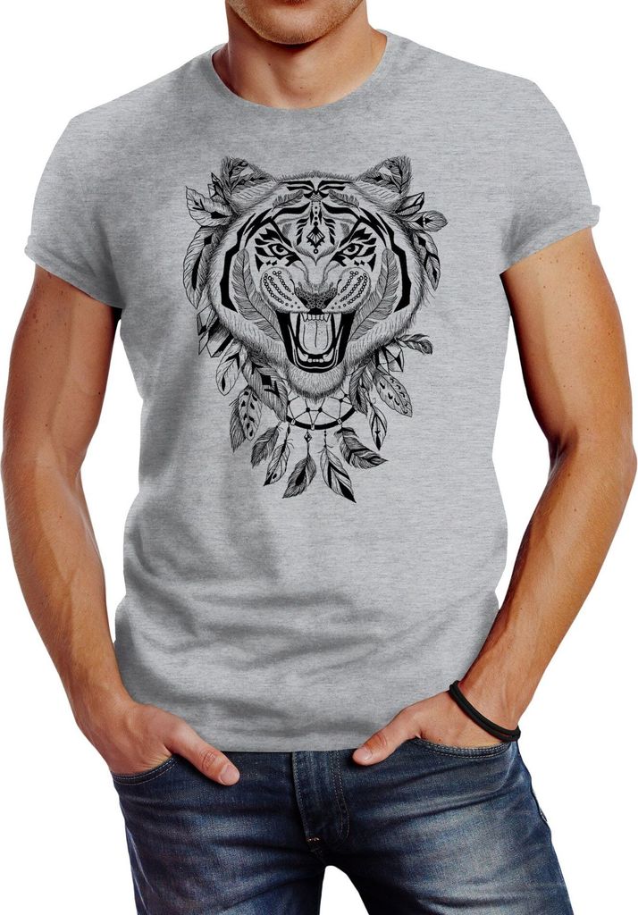 Herren T-Shirt Tiger Boho Zentangle Bohamian Atzec Federn Traumfänger Slim Fit Baumwolle Neverless grau M