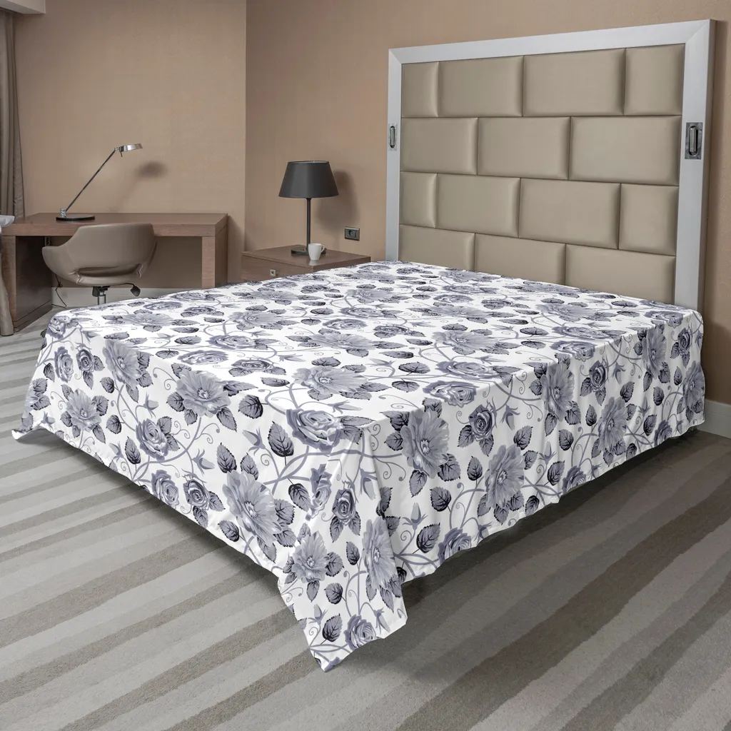 Drap plat gris anti-plis motif floral doux pour un lit toujours net