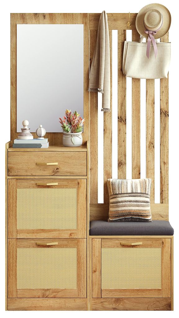 Kompaktgarderobe mit Spiegel und Sitzbank, Schuhschrank, Haken, 100 x 26 x 180 cm, Natur