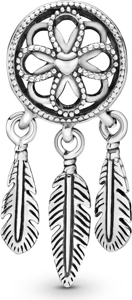 A silver-colored dreamcatcher charm with three dangling feathers.