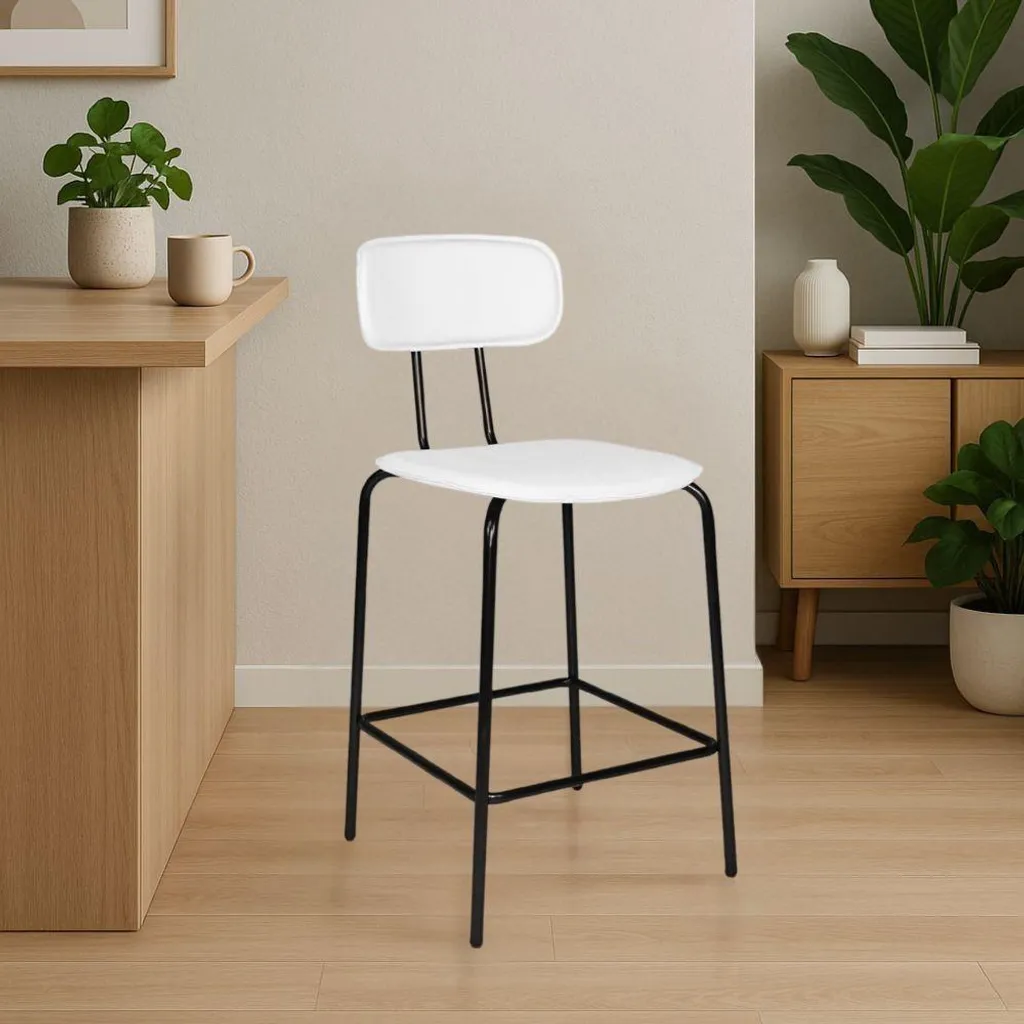 Sgabello Glami Effetto Cuoio Bianco e Metallo | Arredo Minimal Bar