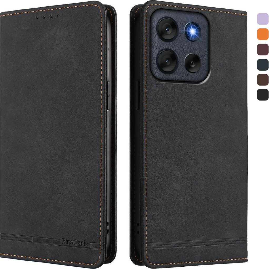 Hülle für Motorola Moto G56, Retro Kunstleder Ständer Klapphülle mit Kartenfächer und Magnetische Schwarz