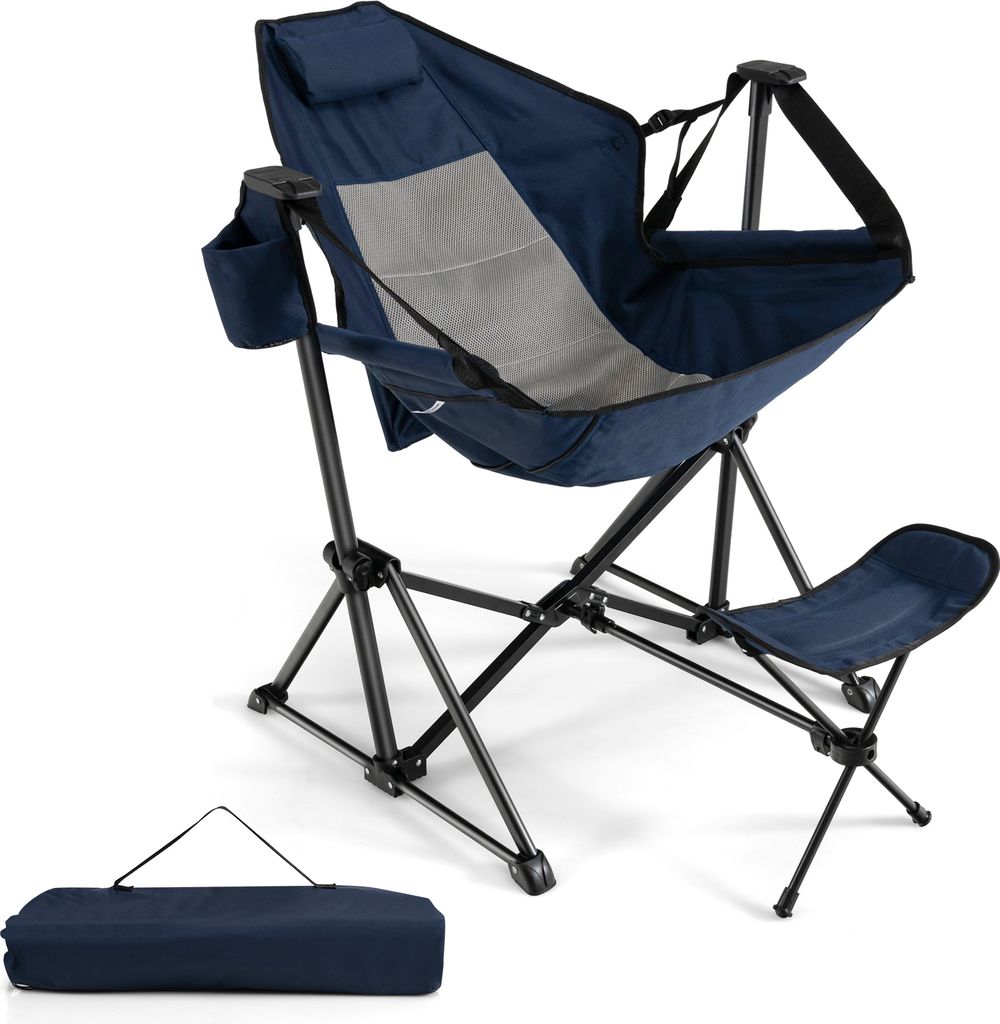 COSTWAY Campingstuhl Angelstuhl mit Fuß- & Kopfstütze verstellbarer Rückenlehne, Getränkehalter & Tragetasche, Klappstuhl bis 150 kg Navy