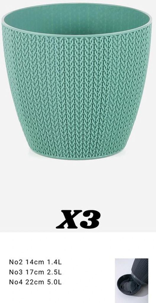 3 grüne Blumenkübel - gehäkelt - 17 cm - Serinova - Kräutertöpfe - Smartpot mit Wasserschale