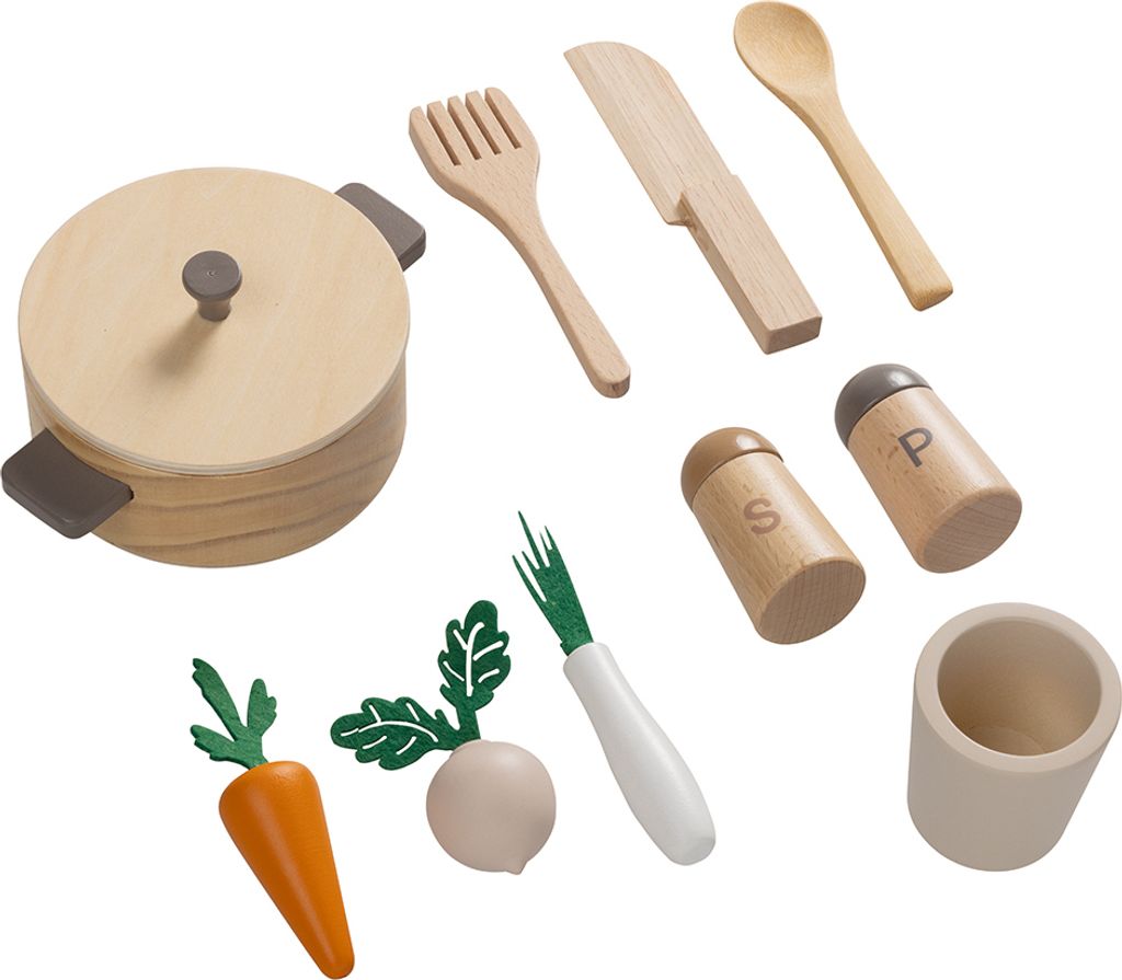 A collection of wooden toy kitchen utensils and food items arranged on a white background.