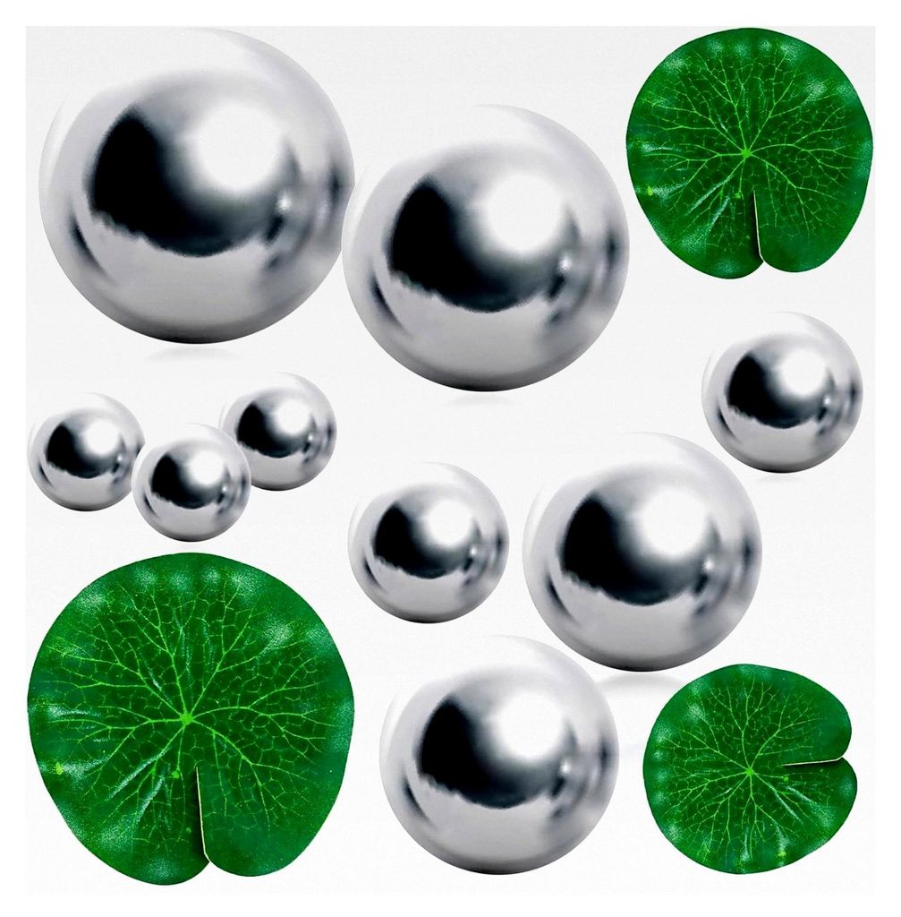 Edelstahl Spiegelkugel Set, 12 Stück Kleine Garten Teich Dekoration, Schwimmende Teichkugeln und Lotusblätter