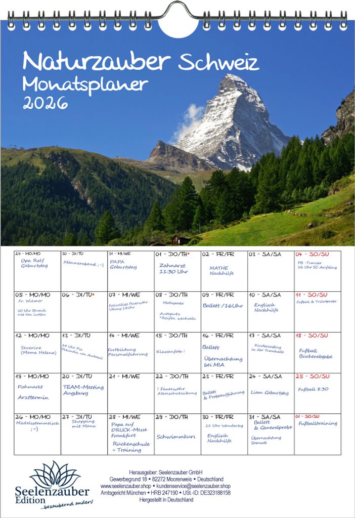 Naturzauber Schweiz Planer DIN A4 Kalender für 2026 Landschaft Natur Wandern Berge Urlaub Wandern- Seelenzauber