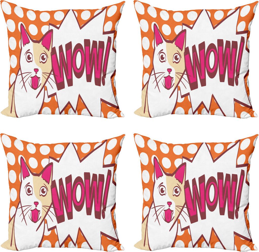 ABAKUHAUS Komisch Kissenbezug Set (4 Stück), Comic-Katze mit Wow-Beschriftung, Moderner Doppelseitiger Digitaldruck, 60 cm x 60 cm, Burnt Orange M...