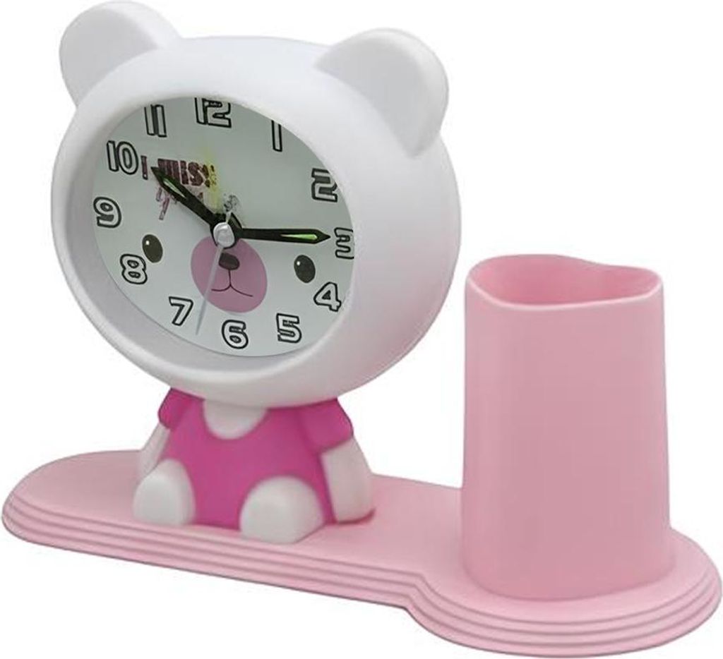 Avizar, Kinderwecker mit Stiftehalter spielerisch, Weiß / Rosa