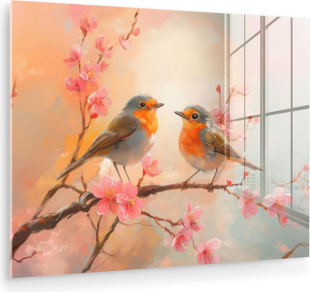 MuchoWow Glasbilder - Bilder auf Wandbild - Foto auf Glas Rotkehlchen - Zierpflanze - Blütenzweig 80x60 cm Wanddekoration aus Glas - Acrylglasbild...