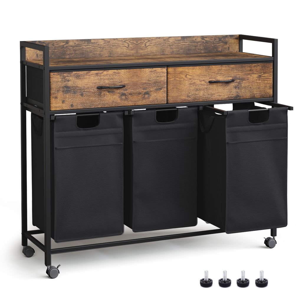 A laundry cart with drawers and three fabric bins, shown on a white background.