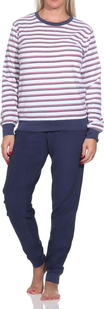 Damen Frottee Schlafanzug langarm mit Bündchen - Streifenoptik - auch in Übergrössen ; navy , 44