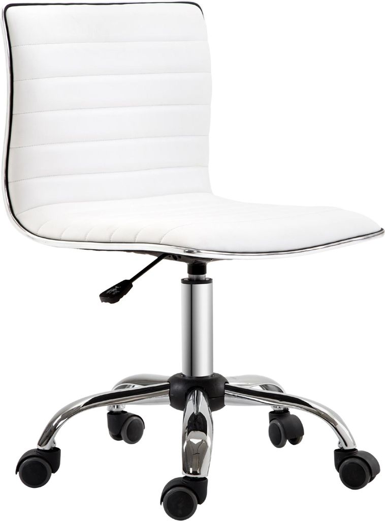 Bürostuhl ohne Armlehnen, höhenverstellbar 78-90H cm, Kosmetikstuhl mit Rückenlehne, bis 120kg, Leder, Weiß