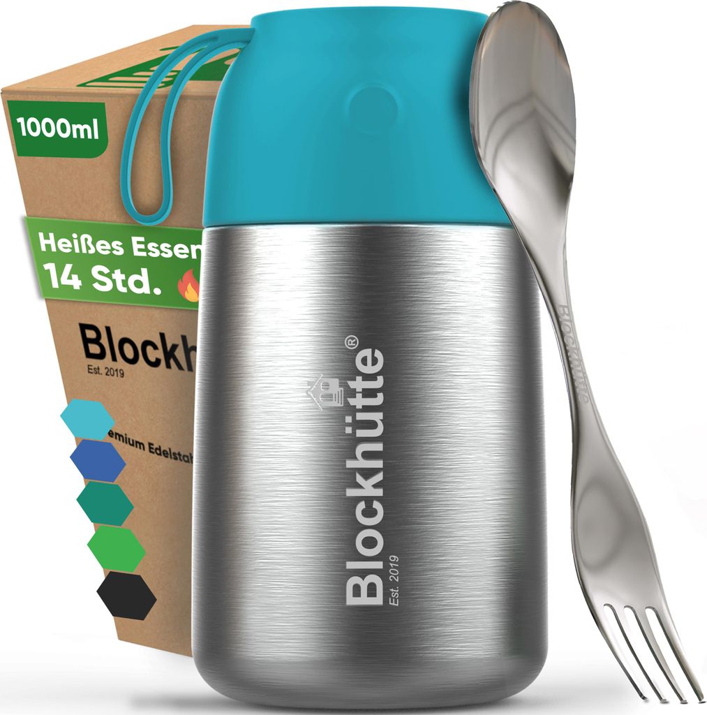 Blockhütte Thermobehälter für Essen 1000 ml Türkis | Warmhaltebehälter Edelstahl Auslaufsicher, Thermo Essensbehälter mit Göffel, 14h Heiß,...