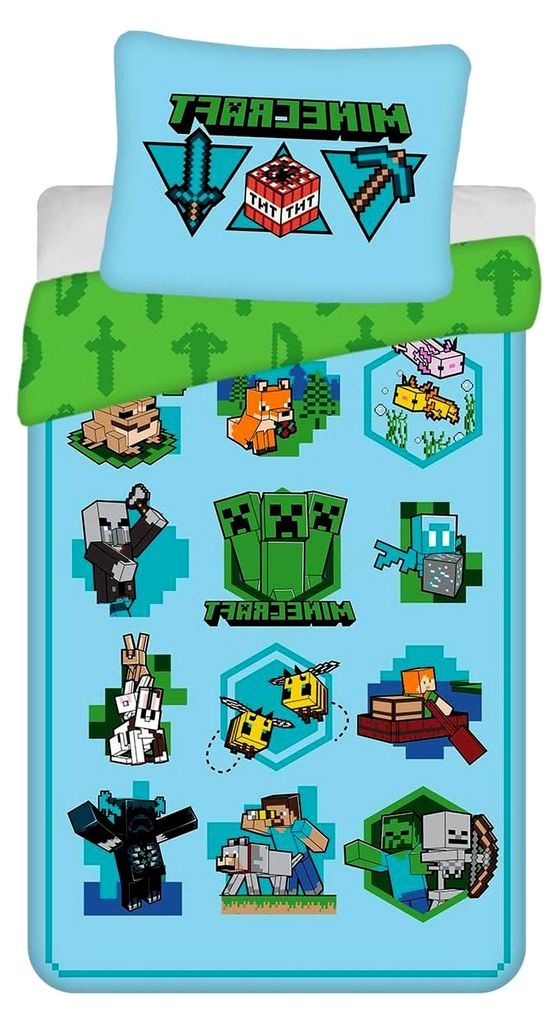 Minecraft Offizielles Bettwäsche-Set für Einzelbett, 140x200 cm, Grünes Design, 2-seitig, Kissenbezug enthalten
