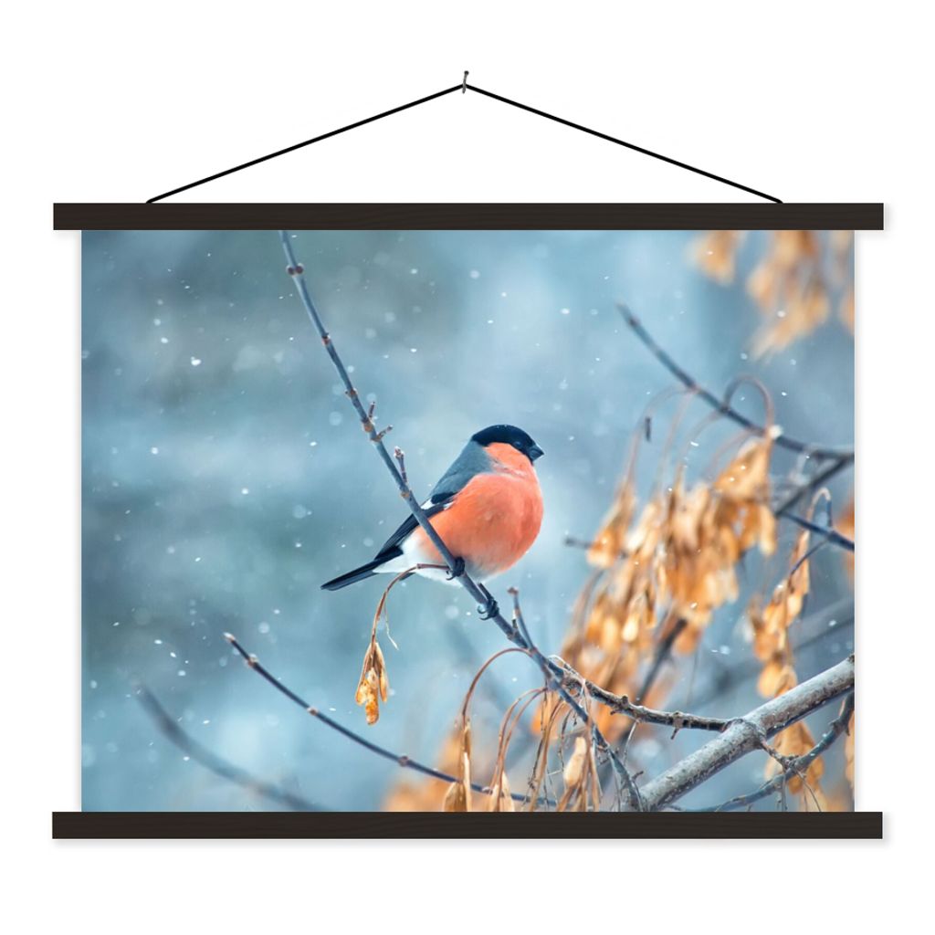 MuchoWow Textilposter Rotkehlchen - Vogel - Schnee - Herbstliche Blätter 150x113 cm mit holzfarbenen Rahmen - Poster