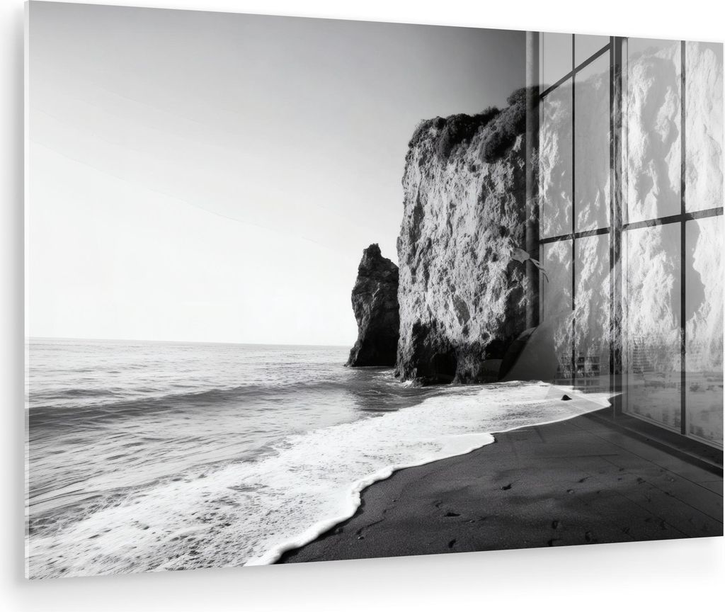 MuchoWow Glasbilder - Bilder auf Wandbild - Foto auf Glas Strand - Klippe - Wellen - Fußstapfen 90x60 cm Wanddekoration aus Glas - Acrylglasbild -...
