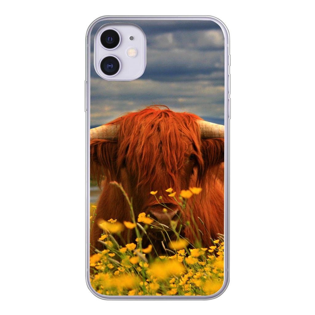 MuchoWow Handyhülle Schutzhülle Hülle für iPhone 11 Schottischer Highlander - Tiere - Blumen Silikon Softcase Handy Hülle - Handytasche