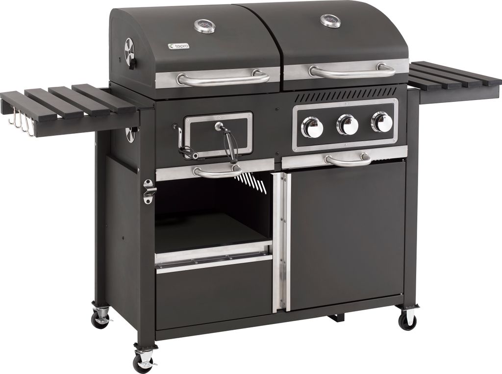 A black and silver combination charcoal and gas grill is shown against a white background.