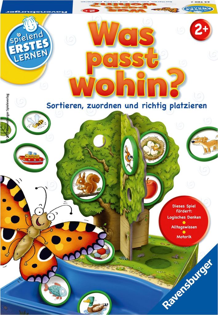 The image shows the box of a Ravensburger children's learning game called "Was passt wohin?". The game features a 3D tree and various animal and object tokens.