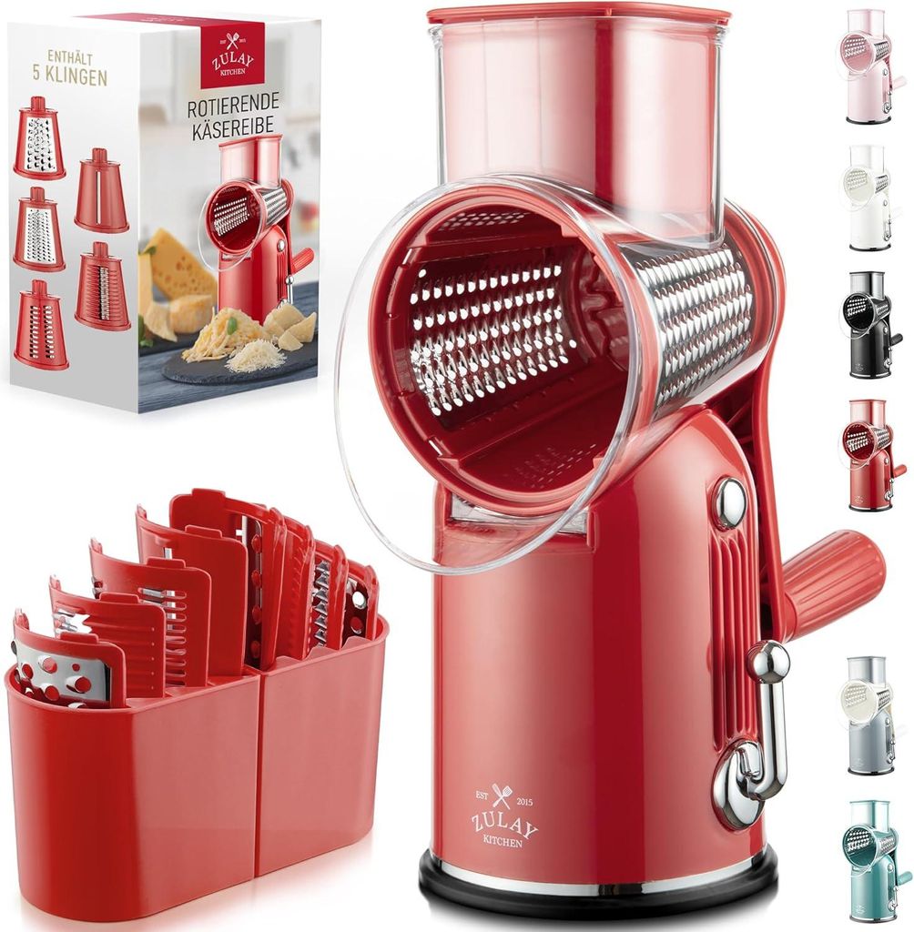 5-in-1 Käsereibe mit Kurbel Edelstahl Gemüsereibe mit Saugfuß, Trommelreibe für Käse Gemüse Nüsse, Parmesanreibe, spülmaschinengeeignet Kü...
