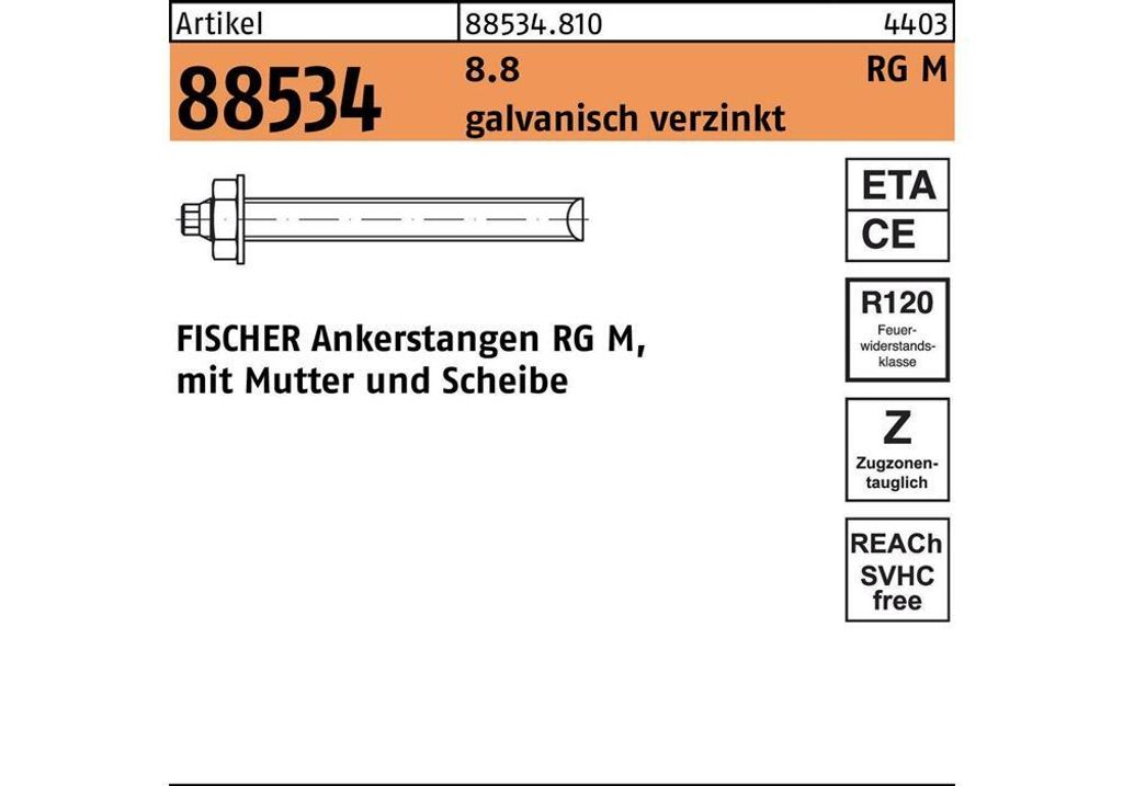 Fischer 519445, M12, Stahl, Vollgewindestange, Zink, 220 mm, Box