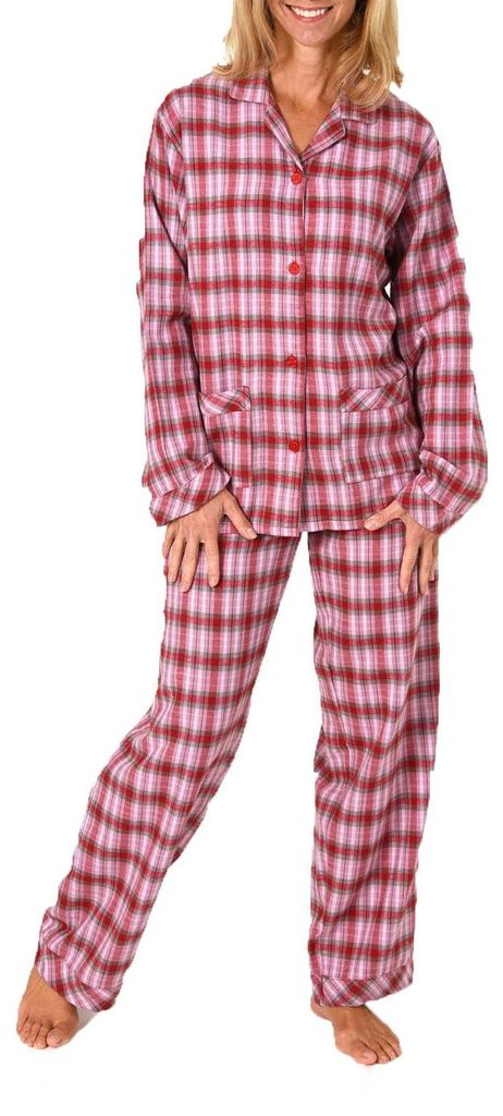 Damen Flanell Pyjama Schlafanzug in Karo Optik zum durchknöpfen - 281 201 15 531 ; rot , 48