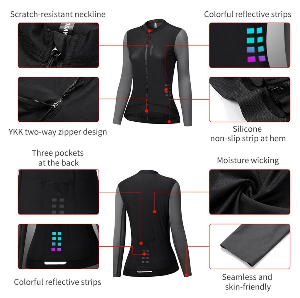 Damen Langarm-Radtrikot Atmungsaktives Fahrradtrikot Mountain Schnelltrocknendes reflektierendes Fahrradtrikot Damen-Radtrikot