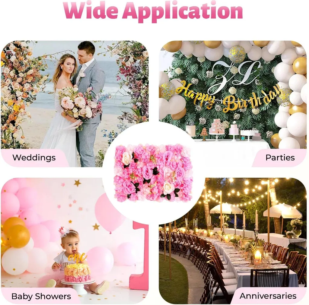 Mur de Fleurs Artificielles pour Décoration Mariage - 12 Panneaux Rose - 12