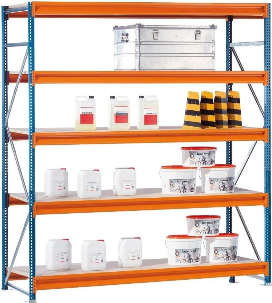Schulte Weitspannregal mit Spanplatten W 100 | Grundregal | HxBxT 300x250x100cm | 5 Ebenen | Fachlast 1015 kg | Blau/Orange/Verzinkt