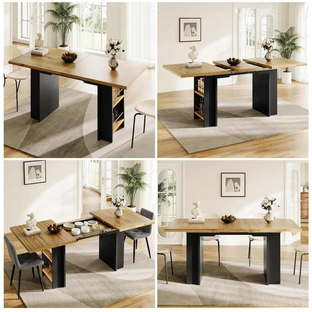 Table de cuisine avec étagères, table extensible bois 120x80 cm