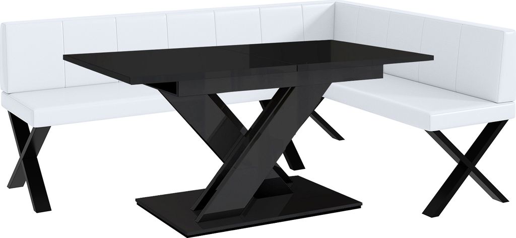 MEBLINI Eckbank für Esszimmer mit ausziehbarem Tisch - Küchenbank - Essecke - Sitzecke Küche - PETER - X-Beine 142x196x87cm Rechts - Weiß Kunst...