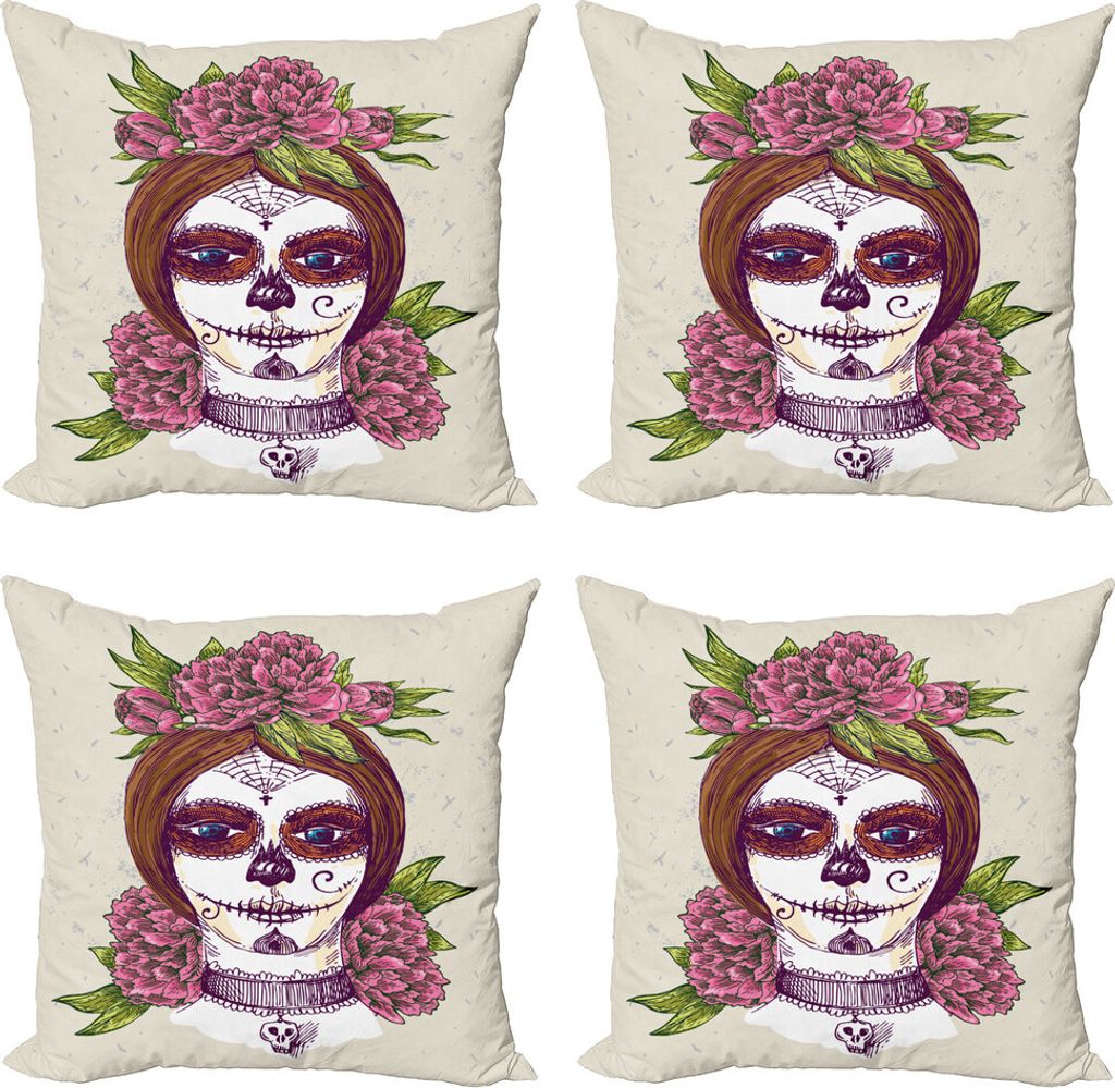 ABAKUHAUS Zuckerschädel Kissenbezug Set (4 Stück), Mädchen mit Make-up, Moderner Doppelseitiger Digitaldruck, 50 cm x 50 cm, Mehrfarbig