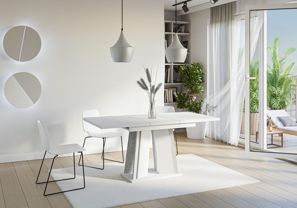 Esstisch DOHA, Stilvoll Ausziehbar Esszimmertisch, Design Tisch, Esszimmer (Weiss + Beton)