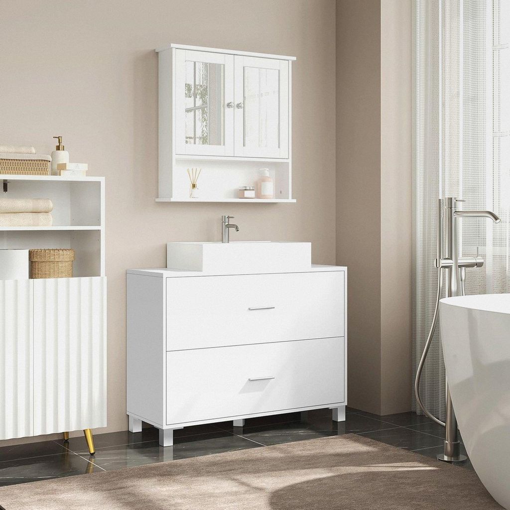 Waschbeckenunterschrank, Badezimmerschrank mit 2 Schubladen, Badezimmer Unterschrank, verstellbare Ablage, Erhöhte Schrankfüße, Weiß, 80 x 60 x...