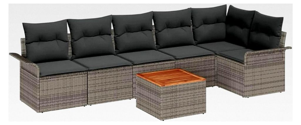 7-teiliges Garten-Sofa-Set mit Kissen in Grau aus Poly-Rattan und Akazie für den Außenbereich
