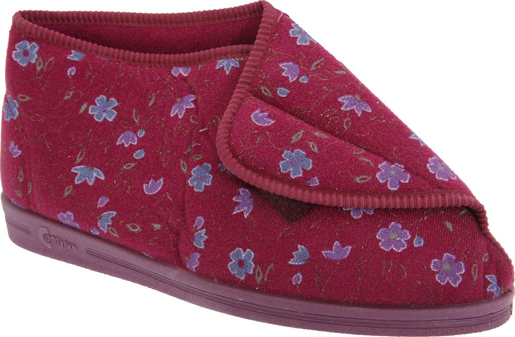 Comfylux Andrea Damen Hausschuhe mit Klettverschluss, Blumenmuster DF505 (38 EU) (Weinrot)