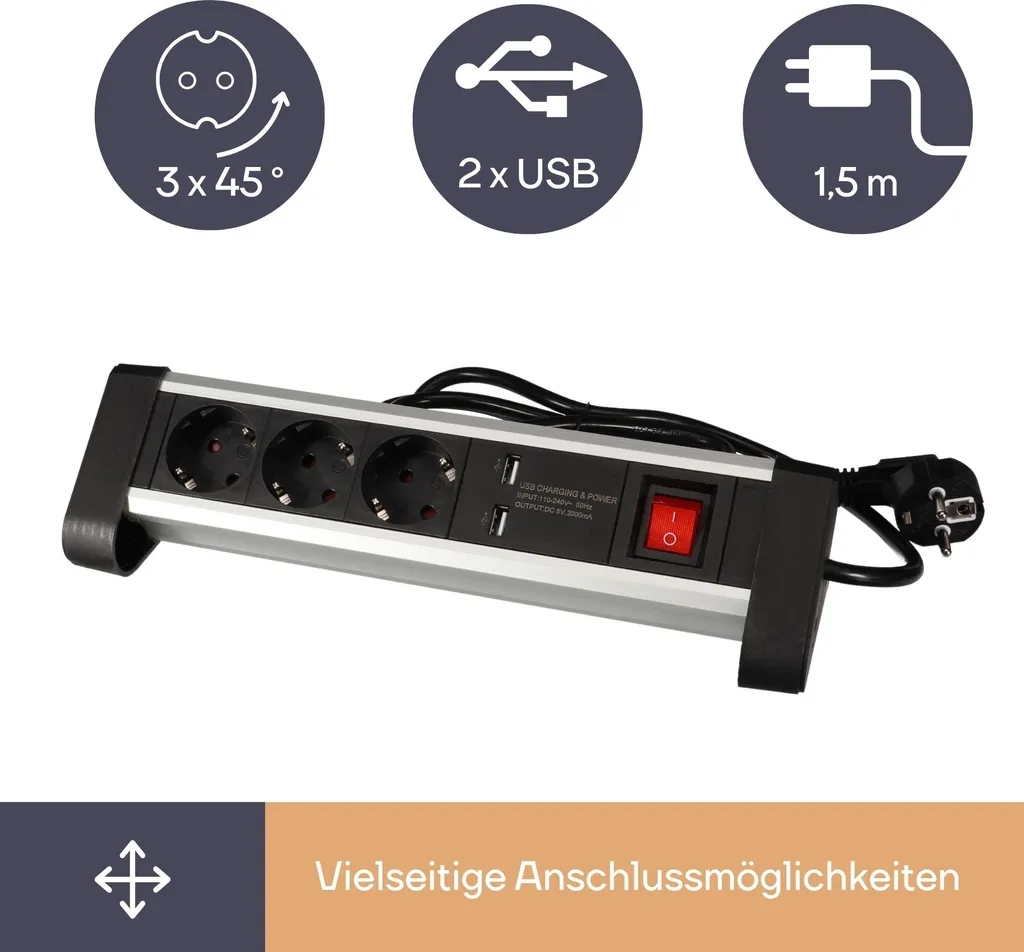 Presa di corrente da tavolo con 3 prese e 2 porte di ricarica USB - 2,4 A - Schuko - 7