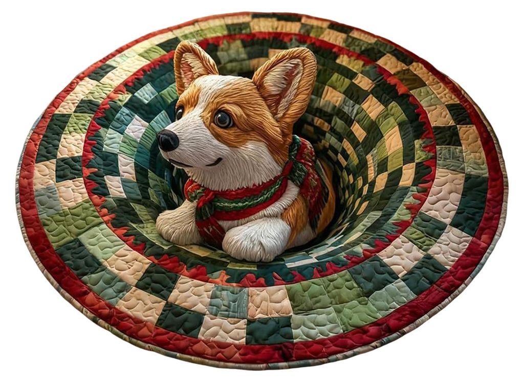 Weihnachtsteppich mit 3D-Motiv: Weihnachtsmann, Gnom und Hund. Gesteppter, runder Wirbelteppich mit rutschfester, optischer Illusion und Tiefenmust...