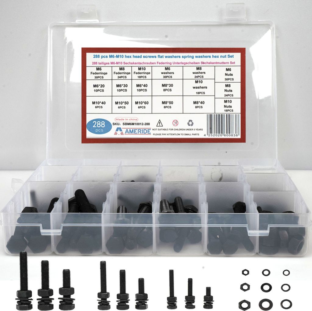 288 Pcs Sechskant Schrauben Set M6 M8 M10 mit Muttern und Unterlegscheiben Kohlenstoffstahl Schwarz