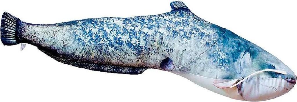 A stuffed toy catfish on a white background.