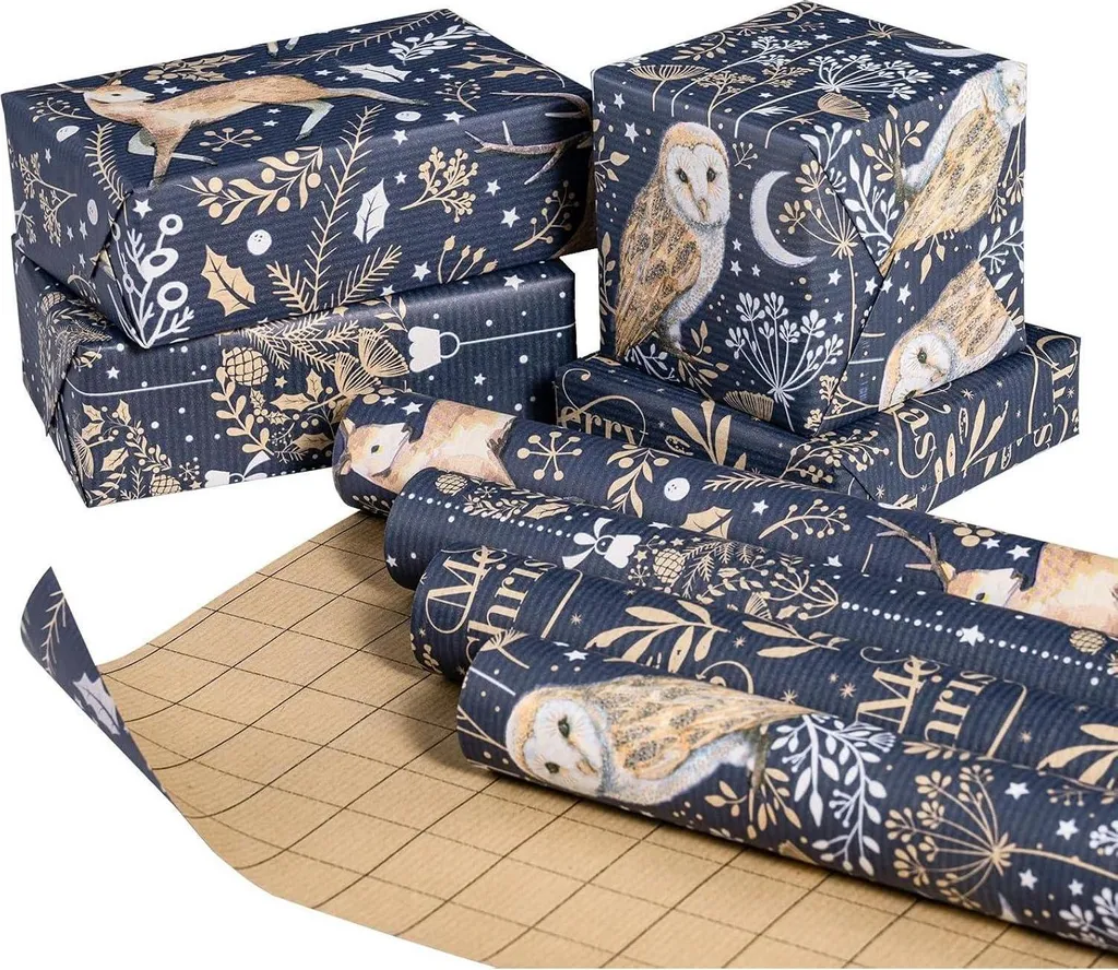 Papier kraft de Noël robuste motifs Hibou bleu et Renne - Pack de 4 m