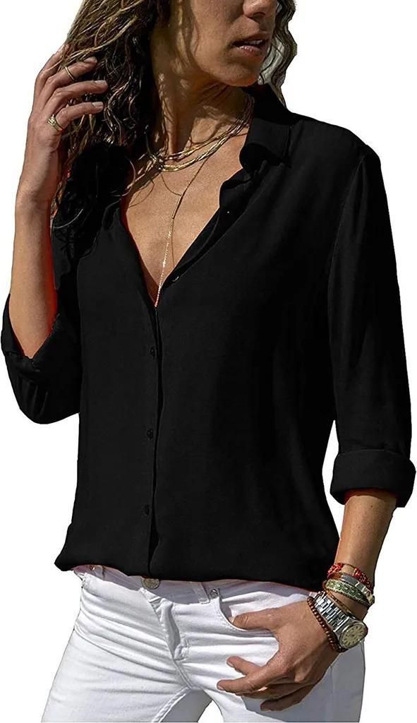 ASKSA Damen Bluse Chiffon Elegant Langarm Oberteile Einfarbig V-Ausschnitt Lose Hemdbluse, Schwarz, L