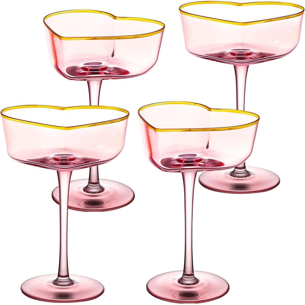 4er-Set rosa Coupé-Gläser mit goldenem Rand – Kristall-Martiniglas herzförmig, elegant für Manhattan, Cosmopolitan und andere Cocktails