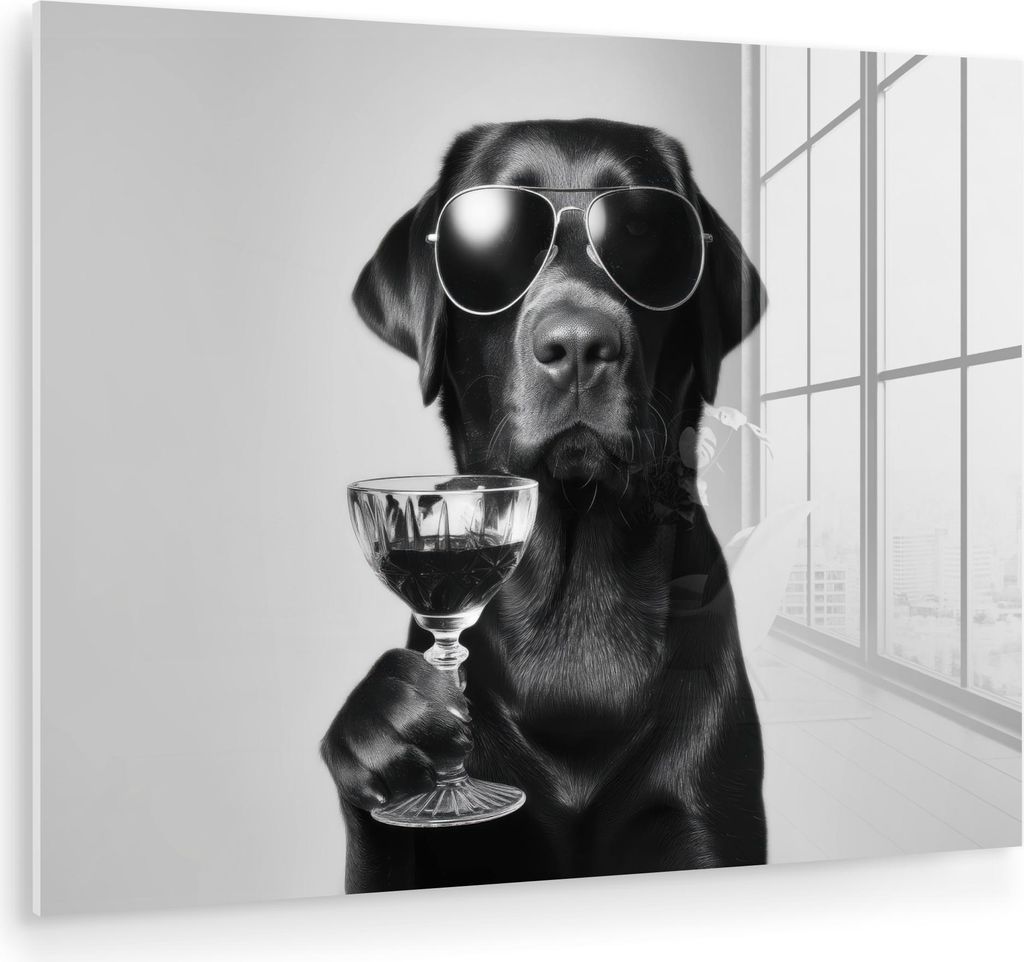 MuchoWow Glasbilder - Bilder auf Wandbild - Foto auf Glas Hund - Schwarz - Weinglas - Sonnenbrille 80x60 cm Wanddekoration aus Glas - Acrylglasbild...