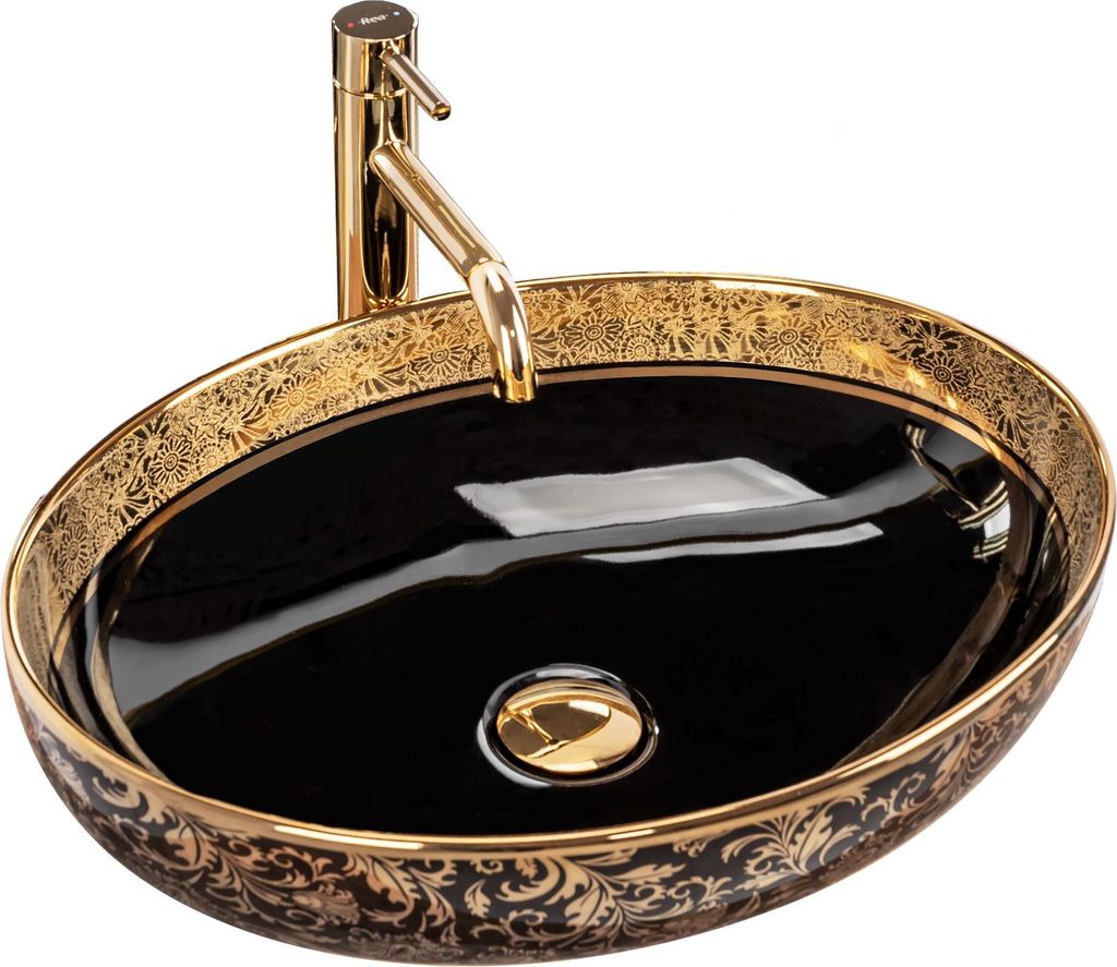 A black and gold oval countertop sink with a gold faucet.