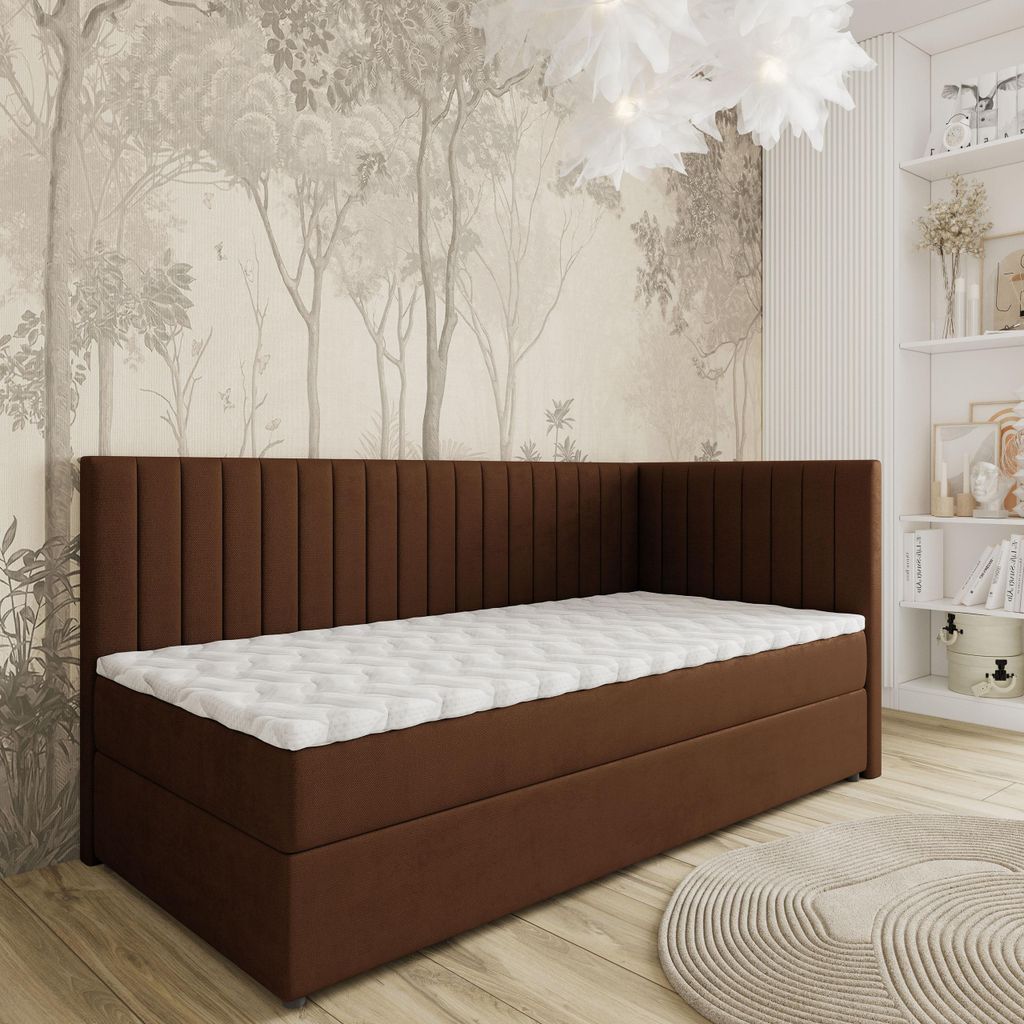 Masseno Boxspringbett ARIS 90x200 cm Komplett-Set mit Bonell Matratze und Topper, Polsterbett mit Bettkästen -Braun, KRONOS 06