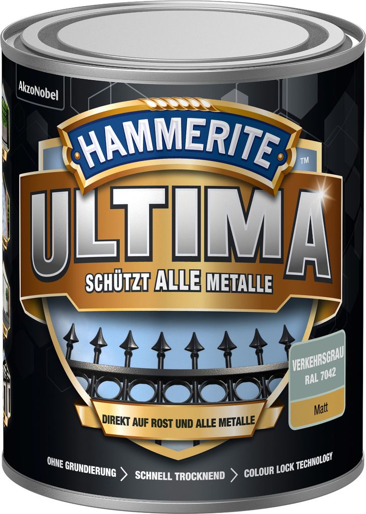 Hammerite Metallschutzlack Ultima Matt, Hochwertiger Schutzlack für alle Metalle im Außenbereich, Verkehrsgrau, RAL 7042, 750 ml