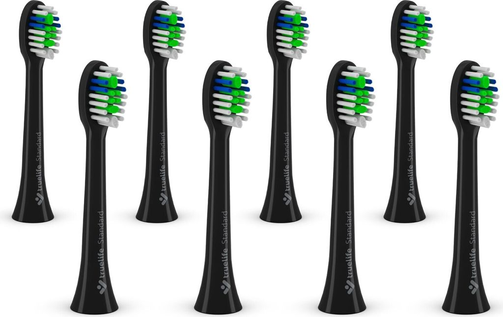 A set of eight black toothbrush heads with multi-colored bristles arranged in a grid.